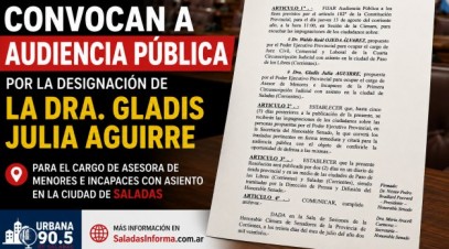 Convocan a audiencia pública por la designación de la Dra. Gladis Julia Aguirre como Asesora de Menores e Incapaces en Saladas